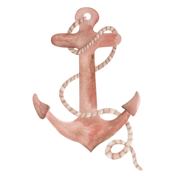Watercolor Illustration Hand Painted Brown Anchor Rope Ship Vessel Boat — Φωτογραφία Αρχείου