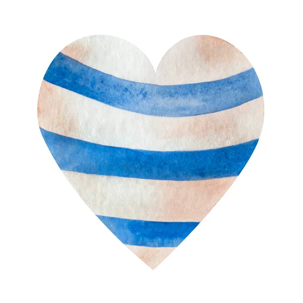 Watercolor Illustration Hand Painted Blue Heart Beige Stripes Isolated White — 图库照片