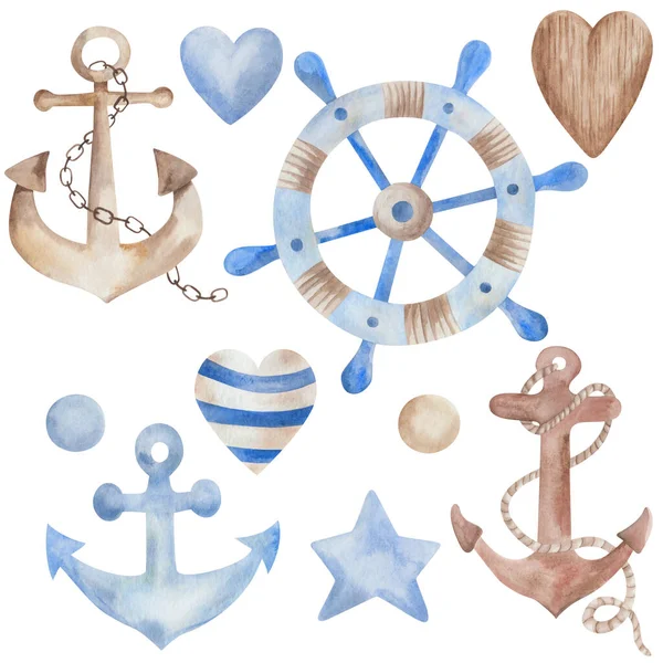 Watercolor Illustration Hand Painted Steering Wheel Anchors Old Pirate Ship — Stockfoto