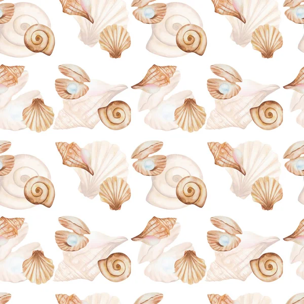 Watercolor Seamless Pattern Hand Painted Illustration Sea Shell Brown Beige — Foto Stock