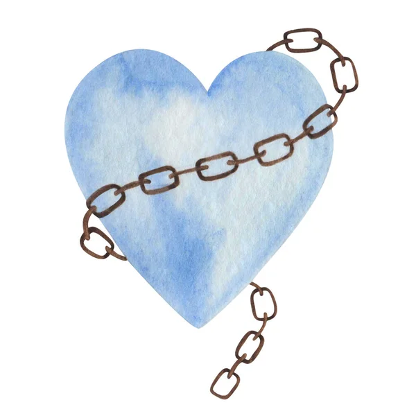 Watercolor Illustration Hand Painted Blue Heart Brown Metal Chain Isolated — Zdjęcie stockowe
