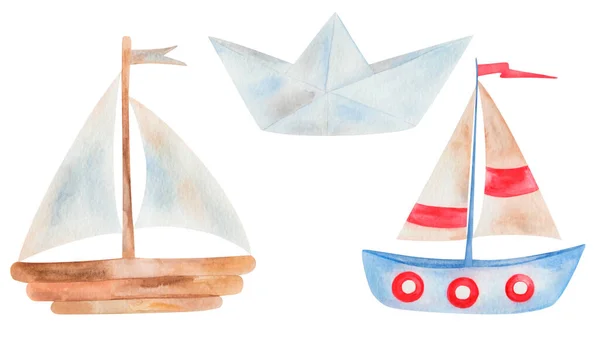 Watercolor Illustration Hand Painted Sailing Vessel Wooden Blue Beige Red — Φωτογραφία Αρχείου