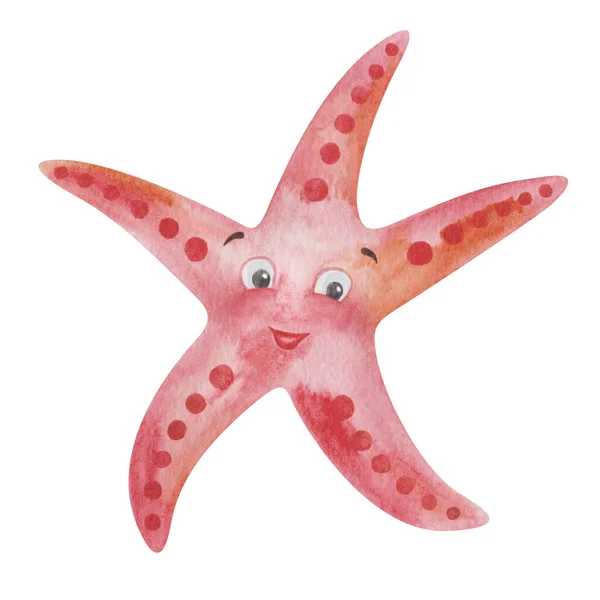 Watercolor Illustration Hand Painted Red Five Finger Starfish Cartoon Character — Foto Stock