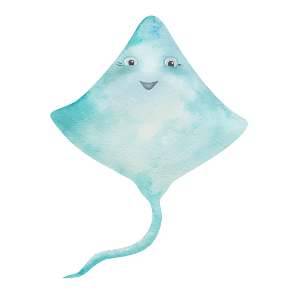 Watercolor Illustration Hand Painted Blue Green Ray Skate Cartoon Character — стоковое фото