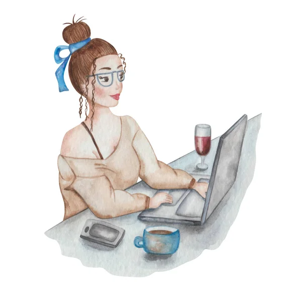 Watercolor illustration of hand painted woman sitting with laptop at table with cup, wineglass, mobile. Long distance studying. Freelance girl working from home. Oficce worker. Print for business card