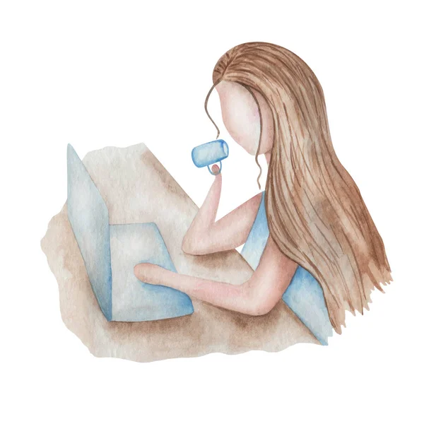 Watercolor illustration of hand painted woman sitting with laptop at table with cup of coffee, studying from long distance. Freelancer girl working from home. Oficce worker. Print for business card