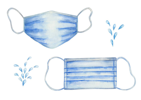 Watercolor illustration of hand painted protection face mask against coronavirus, pollution, virus, flu. Personal hygiene product. Medical health care and surgical mask isolated on white background