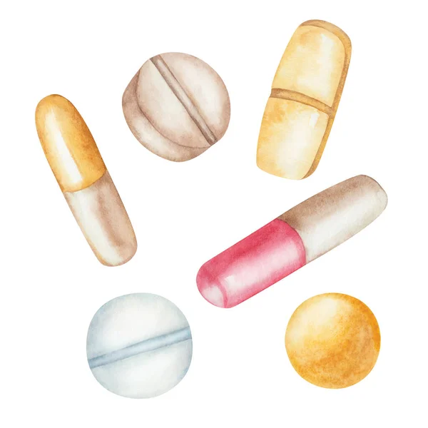 Watercolor Illustration Hand Painted Red Yellow Blue Pills Capsules Vitamins — Foto Stock