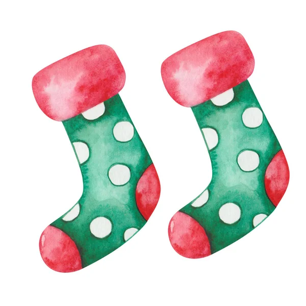 Pair Socks Green Red Colors White Polka Dots Stockings Santa — 스톡 사진