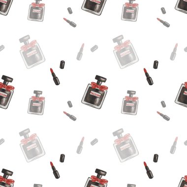 Elle boyanmış kırmızı açık ruj izi, siyah şişede yaylı parfüm. Tasarım, kumaş, ambalaj kağıdı için kadın tarzında beyaz arkaplan üzerine yazdır