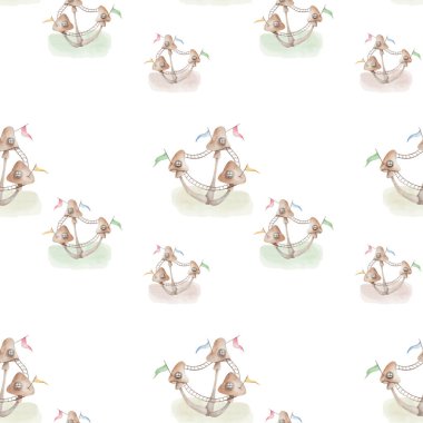 Pencereli, kapılı, bacalı, merdivenli kahverengi ballı mantar evlerinin elle boyanmış resimlerinden sulu boya desenleri. Mantar kulübeleri ve kulübeler. Kumaş tekstili için beyaz arkaplan üzerine yazdır