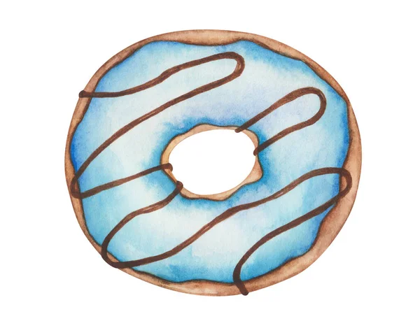 Ilustracja Akwarela Ręcznie Malowane Brązowy Pączek Niebieskim Lukrem Czekolada Słodkie — Zdjęcie stockowe