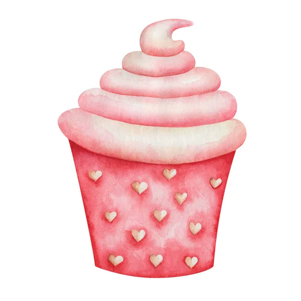 Aquarell Illustration Von Handbemalten Roten Cupcake Mit Rosa Baiser Herzen — Stockfoto