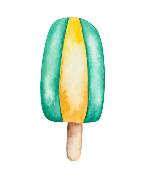 Aquarell Illustration Von Handgemaltem Gelb Grünem Eis Mit Melonengeschmack Süßspeise — Stockfoto