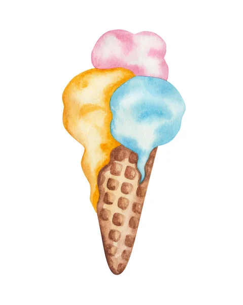Watercolor illustration of hand painted yellow, blue, pink melted ice cream balls in baked waffle cone. Dessert sweet food gelato. Isolated clip art for packaging, textile print, menu, advertisement