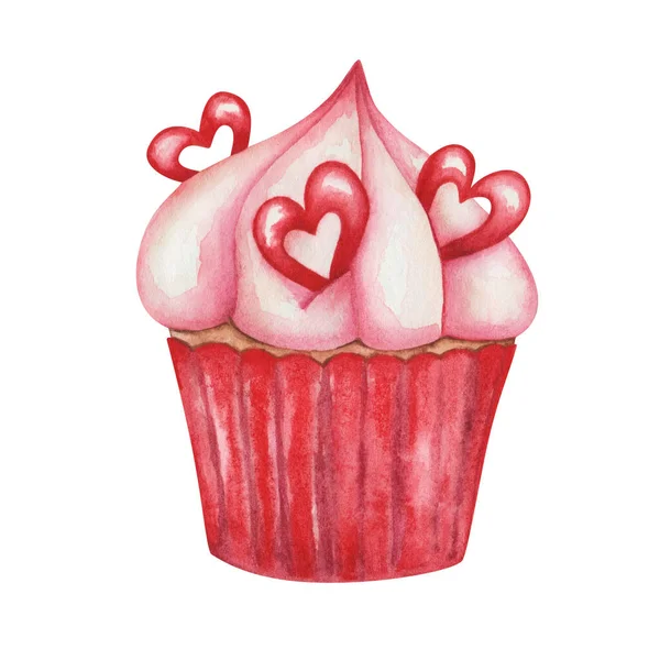 Illustration Aquarelle Cupcake Rouge Peint Main Avec Meringue Rose Coeurs — Photo