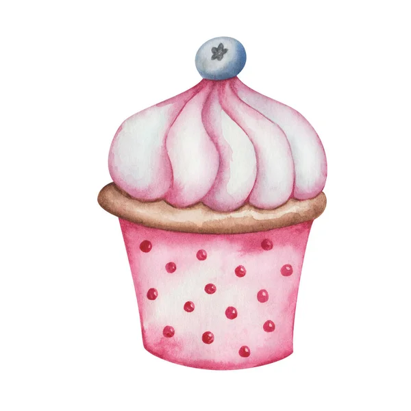 Watercolor Illustration Hand Painted Pink Cupcake Meringue Anf Blueberry Baked — Stock Photo, Image