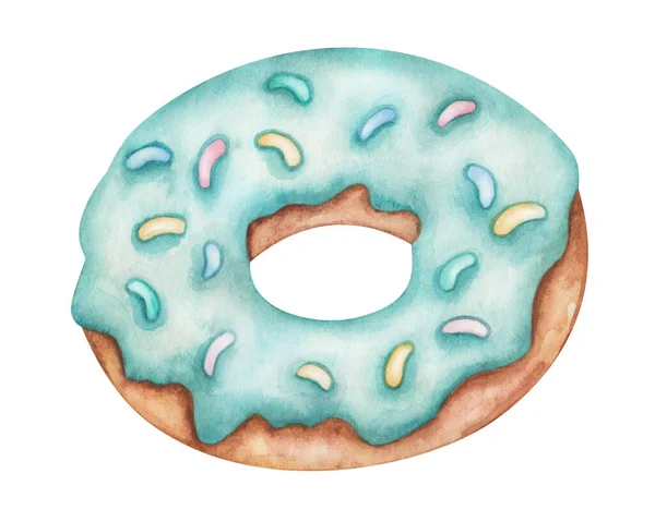 물감으로 도넛에 파란색온 스프링클러를 그렸다 맛있는 음식이야 카페와 식당을 도넛을 — 스톡 사진