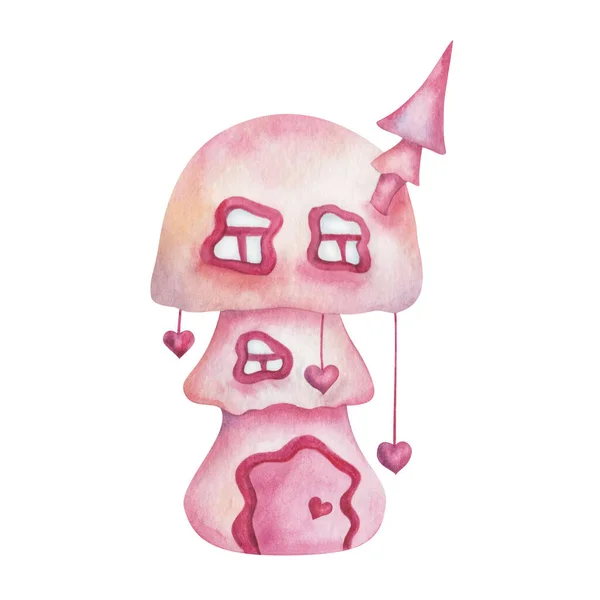 Ilustracja Akwarela Ręcznie Malowane Różowy Dom Grzyb Dla Karła Oknami — Zdjęcie stockowe