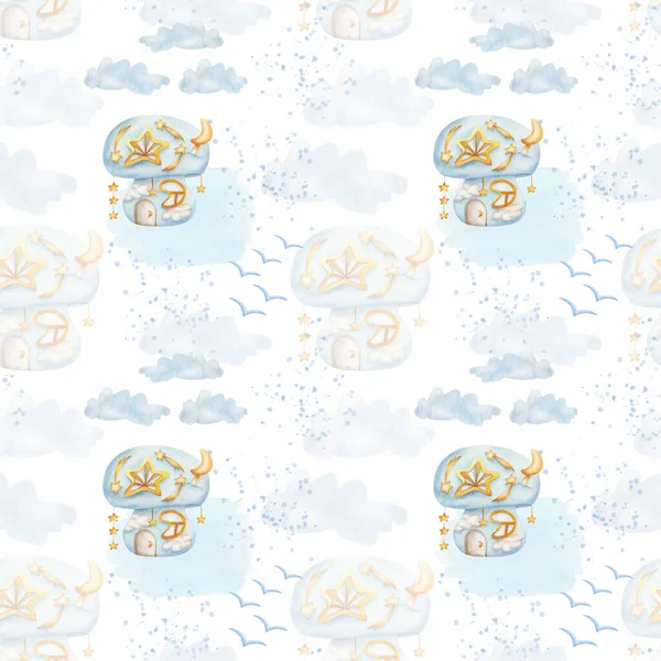 Watercolor seamless pattern from hand painted illustration of blue mushroom house with windows, stars, moon on white background. Childish cartoon style for autumn, forest fabric textile, print design