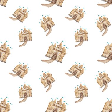 Elle boyanmış kale, kale, kumdaki saray, bayraklı kahverengi renk, patika, taşlar. Kumaş kumaş ve kartpostallar için konak baskısı