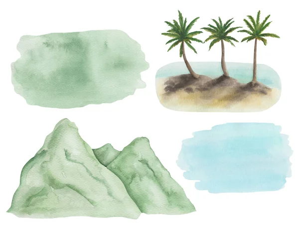 Акварель Иллюстрации Руки Окрашены Высокой Горы Зеленую Траву Остров Пальмами — стоковое фото