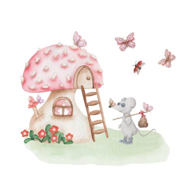 Elle boyanmış kırmızı mantar evi suluboya çizimi çanta, kelebek, uğur böceği ve çiçeklerle seyahat eden gri fare. Toadstool kulübesi. Mantar kulübesi. Tekstil ve çıkartmalar için izole orman klipsi sanatı
