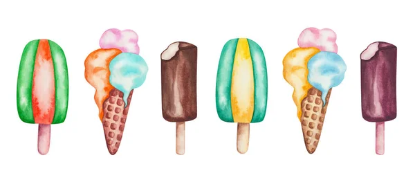 Ilustración Acuarela Bolas Helado Pintadas Mano Cono Gofre Pastel Esquimales — Foto de Stock