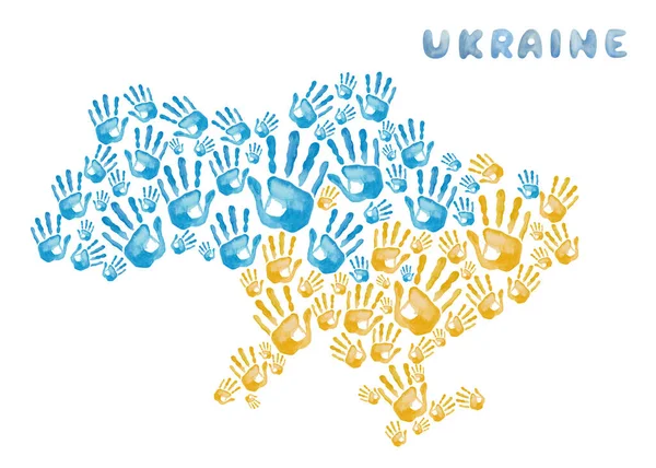 손으로 우크라이나 지도는 파란색 노란색이었고 손바닥 그렸습니다 우크라이나 정부의 애국심 — 스톡 사진