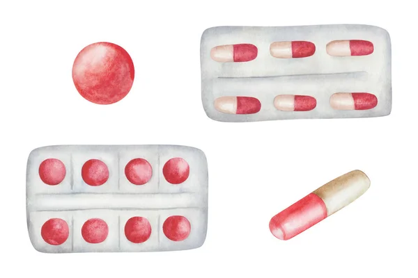 Watercolor Illustration Hand Painted Red Pills Shape Vitamin Supplements Grey — стоковое фото