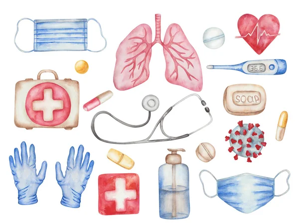 Watercolor illustration of hand painted medical blue gloves, soap, face mask, thermometer, coronavirus, satinizer. Big set of health care items. First aid luggage kit, cross, heart, stethoscope, lungs