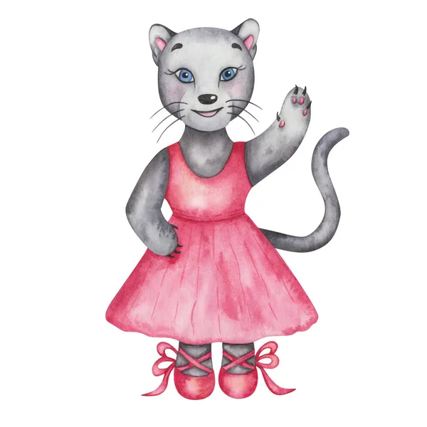 Akvarell Illusztráció Kézzel Festett Szürke Fekete Párduc Macska Egy Lány — Stock Fotó