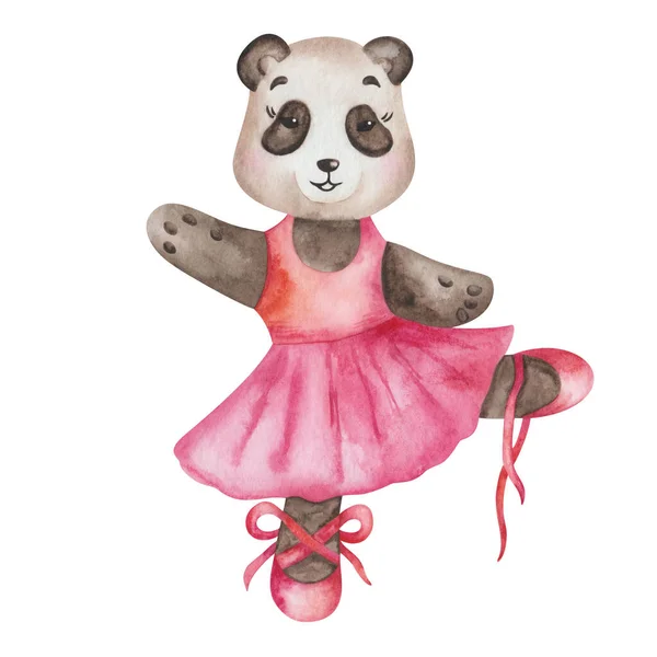 Akvarell Illustration Handmålade Svartvita Panda Björn Dans Studio Rosa Klänning — Stockfoto