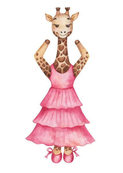 Akvarell Illustration Handmålade Giraff Dansstudio Rosa Klänning Balett Skor Tecknad — Stockfoto