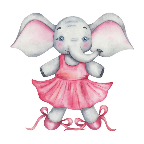 Akvarell Illustration Handmålade Grå Elefant Flicka Dansstudio Rosa Klänning Och — Stockfoto