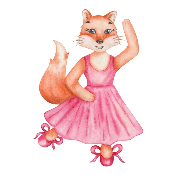 Akvarell Illustration Handmålade Orange Fluffig Räv Flicka Dans Studio Rosa — Stockfoto