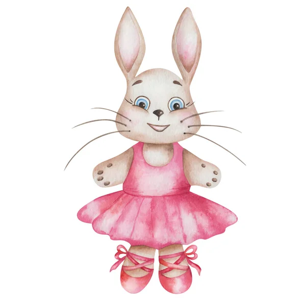 Akvarell Illustration Handmålade Beige Kanin Hare Kanin Dansstudio Rosa Klänning — Stockfoto