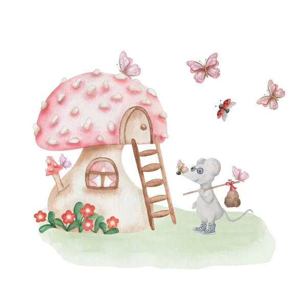 Akwarela Ilustracja Ręcznie Malowane Czerwony Dom Grzyb Podróżujący Szary Mysz — Zdjęcie stockowe