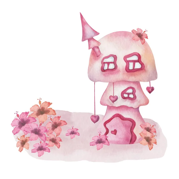 Акварельная Иллюстрация Ручной Росписи Розового Грибного Домика Карлика Сердцами Цветами — стоковое фото