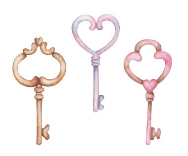 Elle boyanmış pembe, mavi ve kahverengi anahtarların retro şeklinde suluboya çizimi. Doğum günü kartpostalı ve düğün davetiyesi için klipsli sanat öğeleri. Sevgililer Günü için aşk kartı