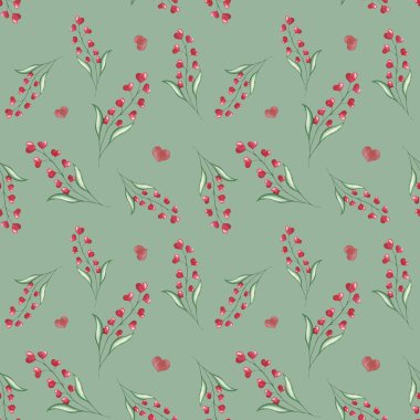 Watercolor seamless pattern from hand painted illustration of red hearts as flowers with green leaves. Design print on green background for design postcard, fabric textile, wedding invitation