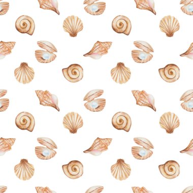 Watercolor seamless pattern from hand painted illustration of sea shell in brown beige color with blue jewelry pearl. Ocean animal. Sea life. Marine print on white background for summer fabric textile