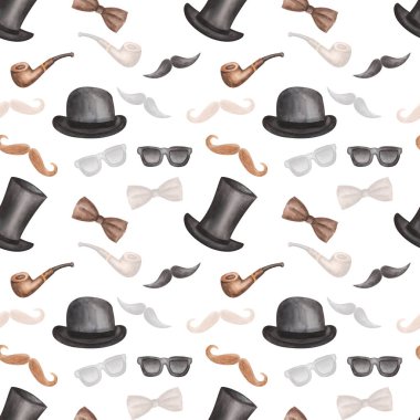 Elle boyanmış siyah gözlük, bıyık, melon şapka, papyon, sigara piposu. Kumaş tekstili ve kartvizitler için beyaz arkaplan üzerine yazdır