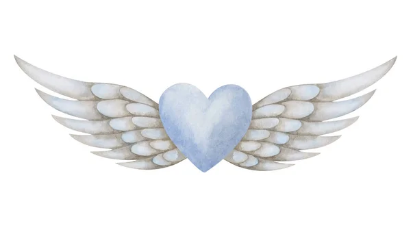 Ilustração Aquarela Coração Azul Pintado Mão Com Penas Asa Pássaro — Fotografia de Stock
