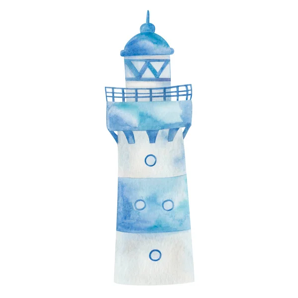 Watercolor illustration of hand painted blue and white lighthouse beacon for ship, vessel, boat at sea, ocean. Isolated on white marine building clip art element for fabric textile, summer cards