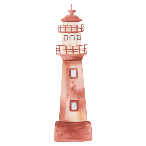 Watercolor Illustration Hand Painted Brown Lighthouse Beacon Bricks Ship Vessel — Stock Photo, Image