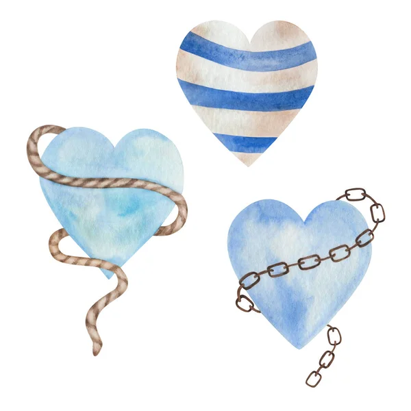 Akwarela Ilustracja Ręcznie Malowane Serca Łańcucha Liny Paski Niebieski Beżowy — Zdjęcie stockowe