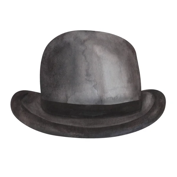 紳士用ブラックのボウラー帽子を手描きの水彩イラスト 男の丸い帽子 男性と男の子のためのレトロなスタイルのヘッドウェア はがき 招待状 名刺のための独立したクリップアート要素 — ストック写真