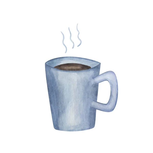 Watercolor Illustration Hand Painted Blue Cup Black Coffee Mug Tea — Stock Photo, Image