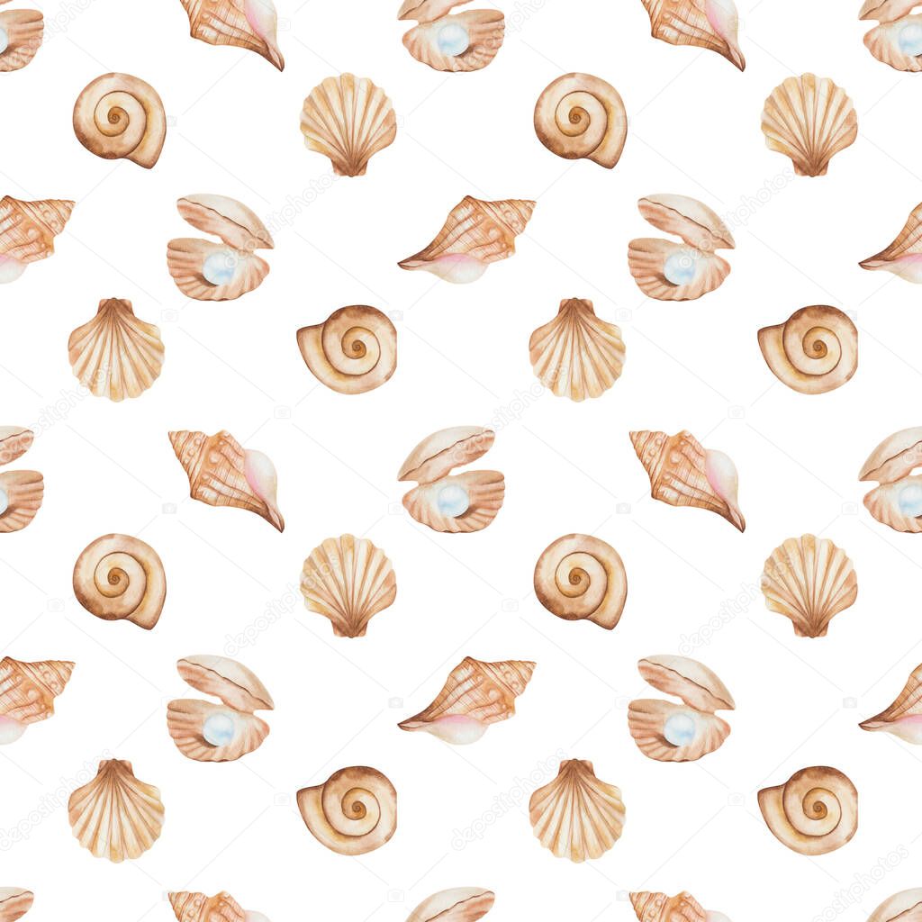 Watercolor seamless pattern from hand painted illustration of sea shell in brown beige color with blue jewelry pearl. Ocean animal. Sea life. Marine print on white background for summer fabric textile